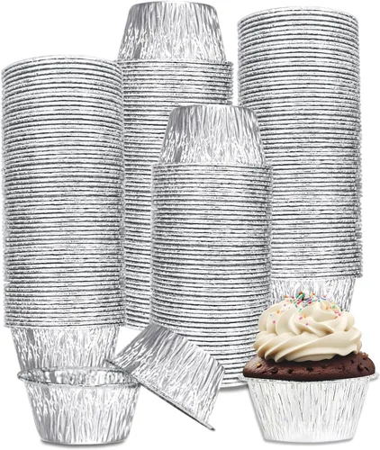 Vista 9 de 150 tazas de papel de aluminio para hornear de 3 onzas, forros desechables de aluminio para cupcakes, papel de aluminio, moldes de papel plateado