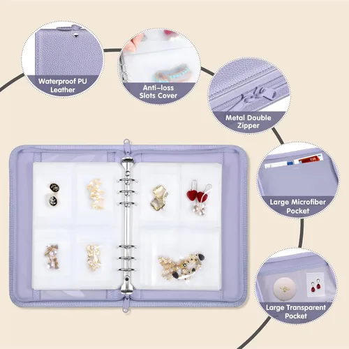 Vista 3 de Estuche organizador de viaje para joyas, libro portátil de piel sintética con bolsillos transparentes con cremallera para collares, aretes, pulseras