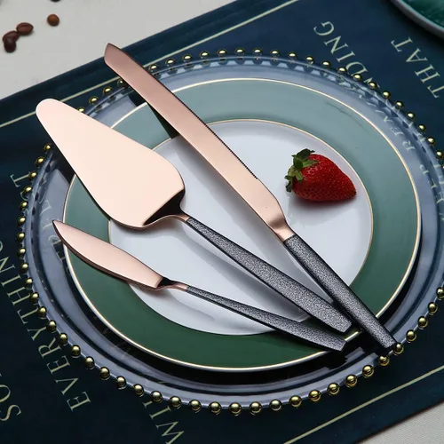 Vista 5 de Juego de servir de metal con cabeza de cobre brillante, 10 piezas, incluye servidor para pasteles, cuchara y tenedor de ensalada, cucharón