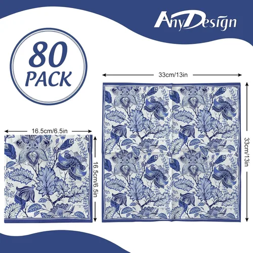 Vista 2 de AnyDesign 80 servilletas de papel florales azules, desechables, retro, con flores, para almuerzo, postre, cena, servilletas de mano para cumpleaños