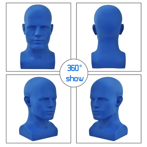 Vista 3 de FanLin Cabeza de maniquí masculino profesional para exhibir pelucas, sombreros, máscara de auriculares, gafas de sol, joyería y soporte de Azul