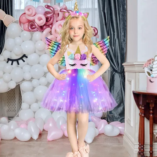 Vista 5 de Sequin LED Light Up Unicorn Custome for 4-10Y Girls Birthday Gifts Outfit Unicorn Tutu Dress with Headband and Wings