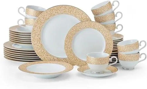 Vista 13 de Mikasa Parchment - Juego de vajilla de 40 piezas, servicio para 8, platos de porcelana duraderos, cuencos y tazas con diseño contemporáneo, apto