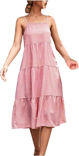 Vista 5 de Vestido largo de verano para mujer, sexy, sin mangas, sin espalda, tirantes delgados, vestido casual a cuadros con fruncido