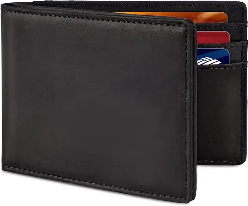 Vista 53 de Billetera AirTag para hombre, de piel auténtica plegable con bloqueo Rfid AirTag con ranuras para efectivo y ventana de identificación, compatible