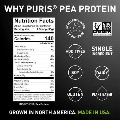Vista 3 de PURIS Proteína de guisante en polvo – Vegano a base de plantas 0.95 oz por porción Sin lácteos, soja y gluten Etiqueta limpia sin OMG Sabor