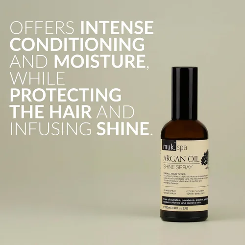 Vista 2 de MUK. Haircare Spa Argan Oil Repair Shine Spray - 3.4 fl oz Heat protection spray with argan oil that helps control frizz, enhances shine, and