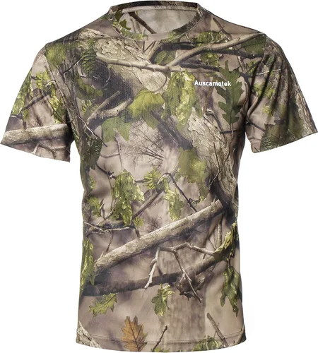 Vista 7 de AUSCAMOTEK Camiseta de camuflaje de manga corta con cuello redondo para cazar Marrón