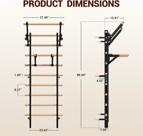 Vista 8 de Escalera sueca barra de madera para parada, entrenador de suspensión con barra de dominadas y accesorios de barra de inmersión, barra de madera