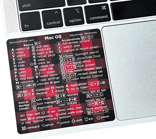Vista 12 de Synerlogic Pegatina de accesos directos de Mac OS Calcomanías de teclado para macOS Hoja de trucos de vinilo laminado para MacBook para Negro