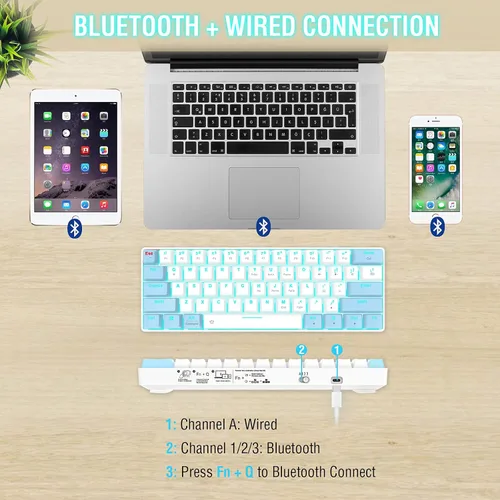 Vista 5 de EDJO Teclado mecánico Bluetooth 60 teclado mecánico inalámbrico y con cable para juegos con interruptores rojos y retroiluminación teclado