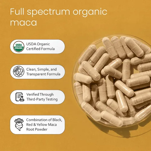 Vista 4 de Cápsulas veganas de maca orgánicas negro, rojo, amarillo, 0,003 oz por cápsula, 150 cápsulas, 100 % puro y natural sin OMG, energizante natural