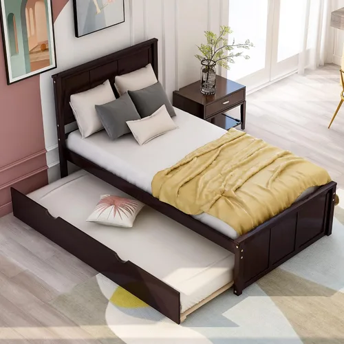 Vista 3 de Cama de plataforma con nido, marco de cama individual de madera minimalista y elegante, montaje simple y aspecto retro (espresso)