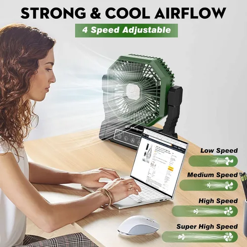 Vista 3 de Multper Ventilador portátil, ventilador de campamento de 20000 mAh con linterna LED y control remoto, ventilador recargable de 4 velocidades y 4