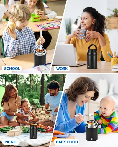 Vista 7 de Tarro térmico para alimentos, recipientes de almuerzo aislados al vacío de acero inoxidable de 20 onzas con cuchara, termo de boca ancha