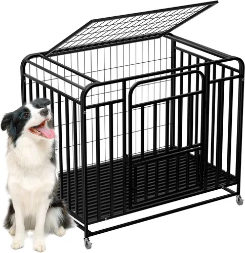 Vista 9 de Jaula resistente a prueba de escapes para perros grandes, jaula extra grande de 38 pulgadas con ruedas bloqueables y puerta doble, perrera