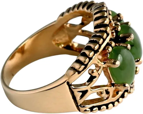 Vista 2 de Anillo de jade verde auténtico chapado en oro amarillo, con forma ovalada, 3 piedras tamaños 5-10, Metal, Jade