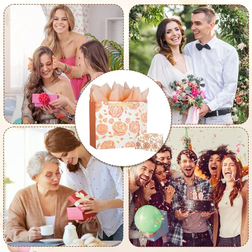 Vista 4 de DecorWoo Bolsa de regalo grande de oro rosa de 13 pulgadas, bolsa de regalo floral con papel de seda y tarjeta de felicitación, elegantes bolsas