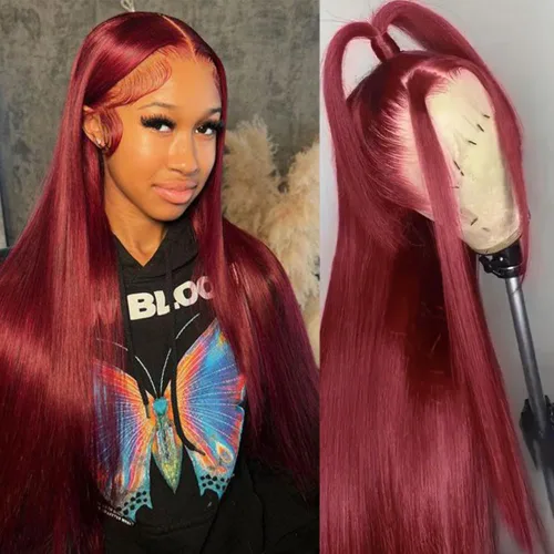 Vista 6 de QD-Tizer Pelucas de cabello sintético con encaje frontal de 13 x 6 pulgadas, sin pegamento, color rojo vino, color burdeos, pelucas de cabello largo