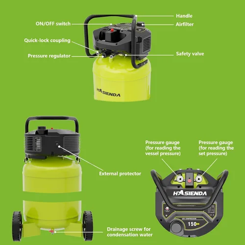 Vista 4 de Compresor de aire de taller de 20 galones, 150 PSI máx, compresor vertical sin aceite para garaje y hogar, con un motor sin escobillas de larga