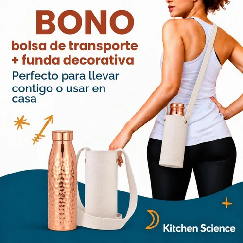 Vista 4 de Kitchen Science - Botella de agua de cobre martillado de 34 onzas con bolsa de transporte, a prueba de fugas, resistente, botella ayurvédica