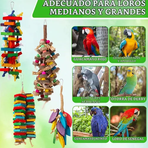 Vista 4 de Soulchen Juego de 4 juguetes de loro de pájaro extra grande, juguete masticable de madera natural, bola de ratán, cuerda de lufa de tuerca de madera