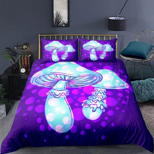 Vista 14 de Juego de funda de edredón psicodélico de fantasía con diseño de hongos psicodélicos, galaxia, verde cielo, morado, diseño de hongos estrellados, #1