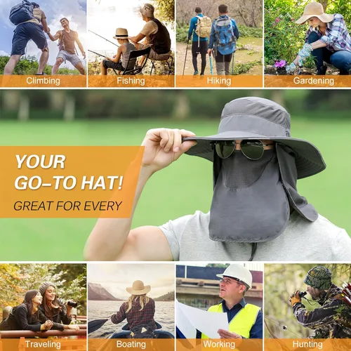 Vista 6 de Sombrero de pesca para hombres y mujeres, sombrero de ala ancha con solapa desmontable para el cuello y cubierta facial