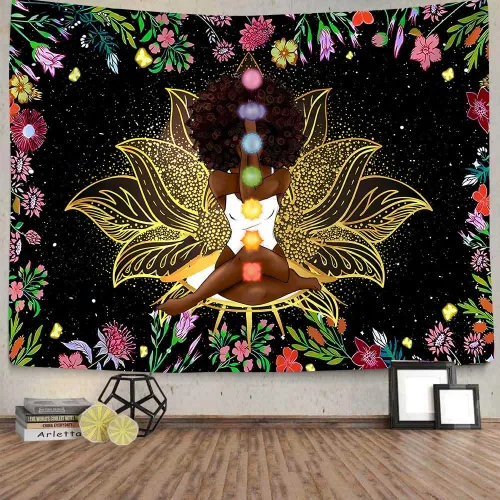 Vista 8 de Ine Ive Tapiz de chakra africano, mujer afroamericana, tapices de meditación zen, 40 x 30 pulgadas, cielo estrellado, flores, jardín, inspirador