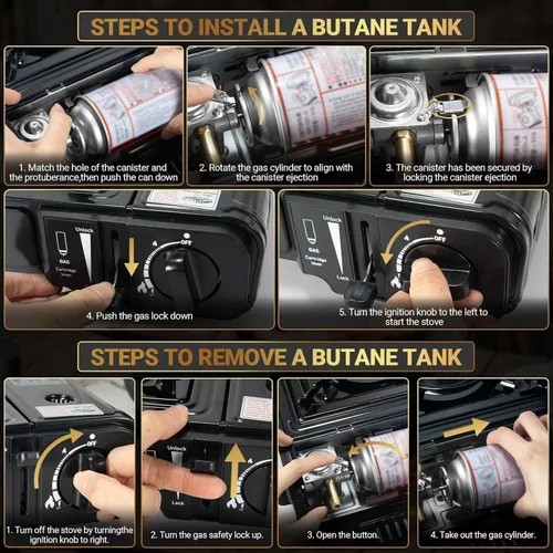 Vista 8 de Estufa de camping portátil de combustible dual Propane or Butane, 10,000 BTU, Automatic Ignition, Carrying Case & Windblocker, Emergency