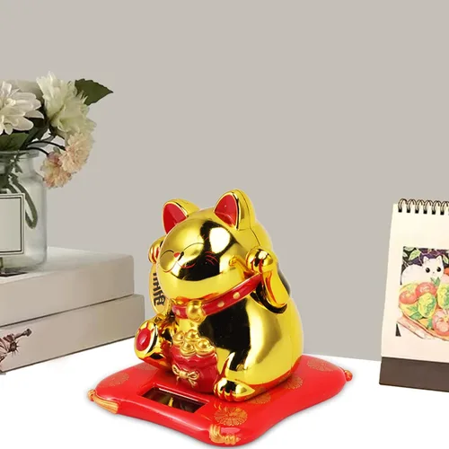 Vista 5 de Adorno de gato de la suerte alimentado por energía solar, gato de la fortuna agitando con cara sonriente, diseño de bolsa de bendición dorada