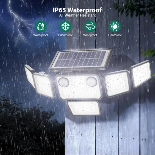 Vista 6 de Luces solares para exteriores, 6000 lm, 284 LED, doble sensor de movimiento, luces solares de 6 cabezales, luces de pared de seguridad, IP65