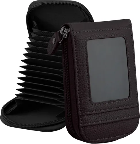 Vista 12 de RFID mini organizador de tarjetas de crédito, cuero auténtico, billetera compacta con visor de identificación, S, Negro