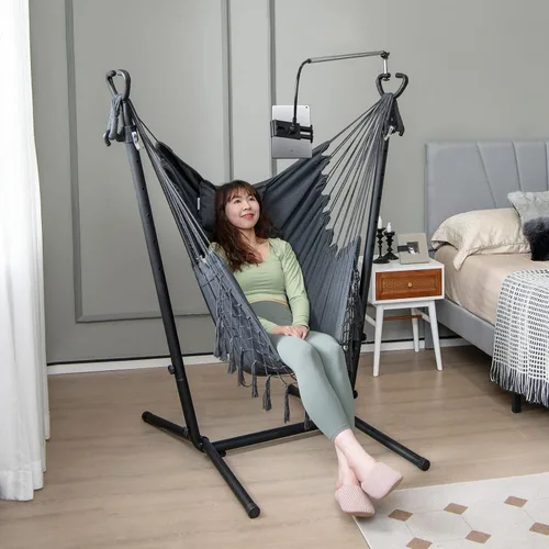 Vista 7 de Tangkula Silla hamaca con soporte, estilo bohemio macramé con soporte, soporte para teléfono celular, silla colgante ajustable en altura