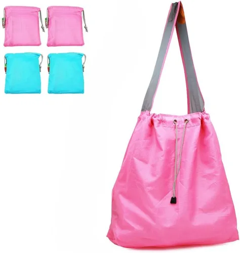 Vista 11 de Paquete de 4 bolsas de compras plegables de nailon Ripstop reutilizables con bolsa y bolsillo interior, cordón