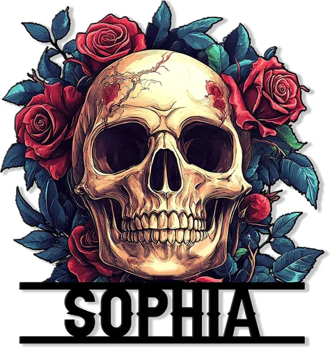Vista 7 de Letrero de metal personalizado con calavera, letrero colgante de calavera para porche al aire libre, valla de pared con nombre personalizado, patio