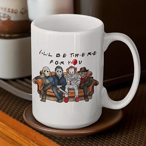 Vista 3 de Taza Ill Be There For You, Friends Horror Villains, divertida taza de Halloween, Jason Freddy Michael Myers IT Pennywise Slasher regalo, Masked