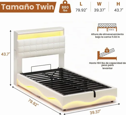 Vista 2 de ADORNEVE Bastidor de cama individual con almacenamiento abatible y luces LED, cabecera con almacenamiento oculto y estación de carga, cama tapizada