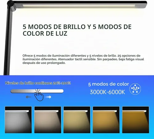 Vista 4 de Lámpara de escritorio LED Ambertronix con puerto de carga USB, luz de escritorio regulable para lectura y cuidado de los ojos para el hogar, con 5