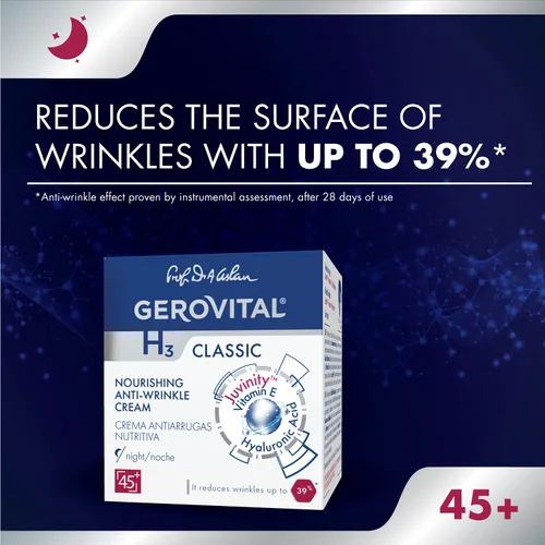 Vista 4 de GEROVITAL H3 CLASSIC - Crema de noche nutritiva antiarrugas con Juvinity™ + Vitamina E + Ácido Hialurónico, 45+ (1.7 fl oz)