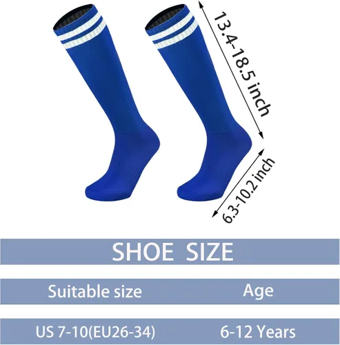 Vista 2 de 6 pares de calcetines de fútbol para niños y jóvenes a rayas sólidas hasta la rodilla, calcetines deportivos de fútbol para niños y niñas de 6 a 12
