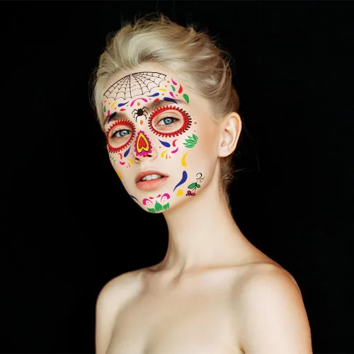 Vista 3 de 9 hojas de tatuajes temporales para el Día de los Muertos Día de los Muertos, tatuaje temporal de La Catrina, tatuaje falso de calavera para mujeres