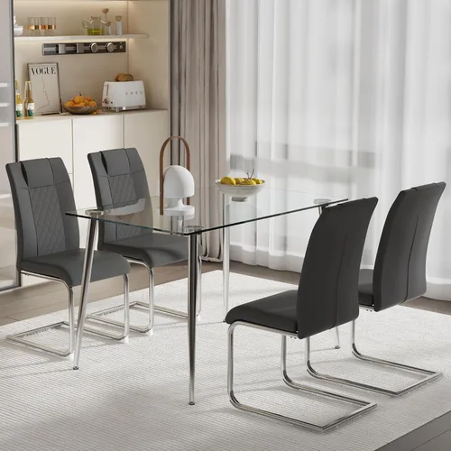 Vista 12 de Juego de mesa de comedor para 4, 5 piezas, juego de mesa de comedor de terciopelo moderno, mesa rectangular de vidrio templado para cocina, bar