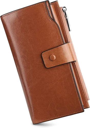 Vista 2 de YALUXE Cartera de piel auténtica para mujer, con bloqueo RFID, tarjetero múltiple con bolsillo para teléfono celular