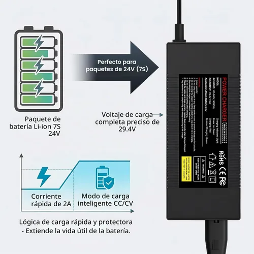 Vista 4 de Cargador de batería de litio de 24 V, adaptador de corriente universal de 29.4 V 2 A para batería de iones de litio 7S 24V con conector de CC