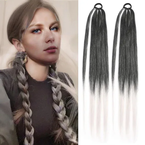 Vista 8 de Extensiones de cola de caballo, 2 piezas sintéticas con lazo para el cabello, extensiones trenzadas, cola de moño, anillo de banda de goma de 26