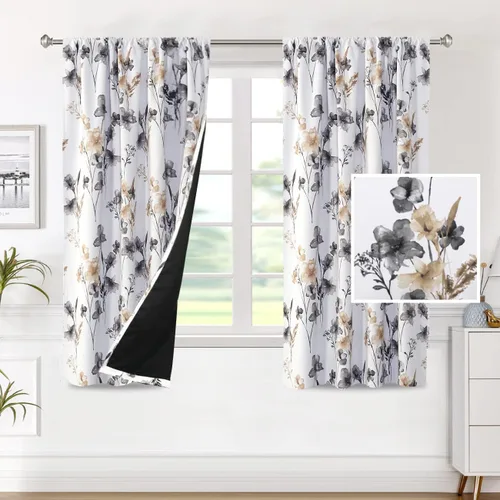Vista 15 de H.VERSAILTEX cenefas de cortina 100% opacas para ventanas de cocina, juego de 2 paneles, estampado floral Cattleya Leah, cenefas térmicas aisladas
