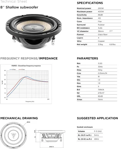 Vista 4 de Focal Sub P 20 FSE Flax Subwoofer poco profundo de 8 pulgadas, 4 ohmios, 200 W