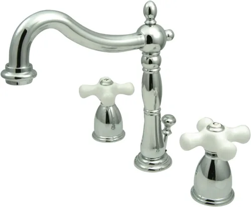 Vista 2 de Kingston Brass KB1978PX Heritage - Grifo de lavabo con mango cruzado de porcelana, níquel cepillado, centro ajustable de 8 pulgadas