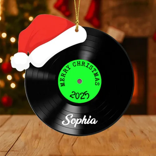Vista 3 de Adorno de Disco de Vinilo Retro Personalizado 2025, Adorno de Músico Personalizado para Amantes de la Música, Decoración de Árbol de Navidad
